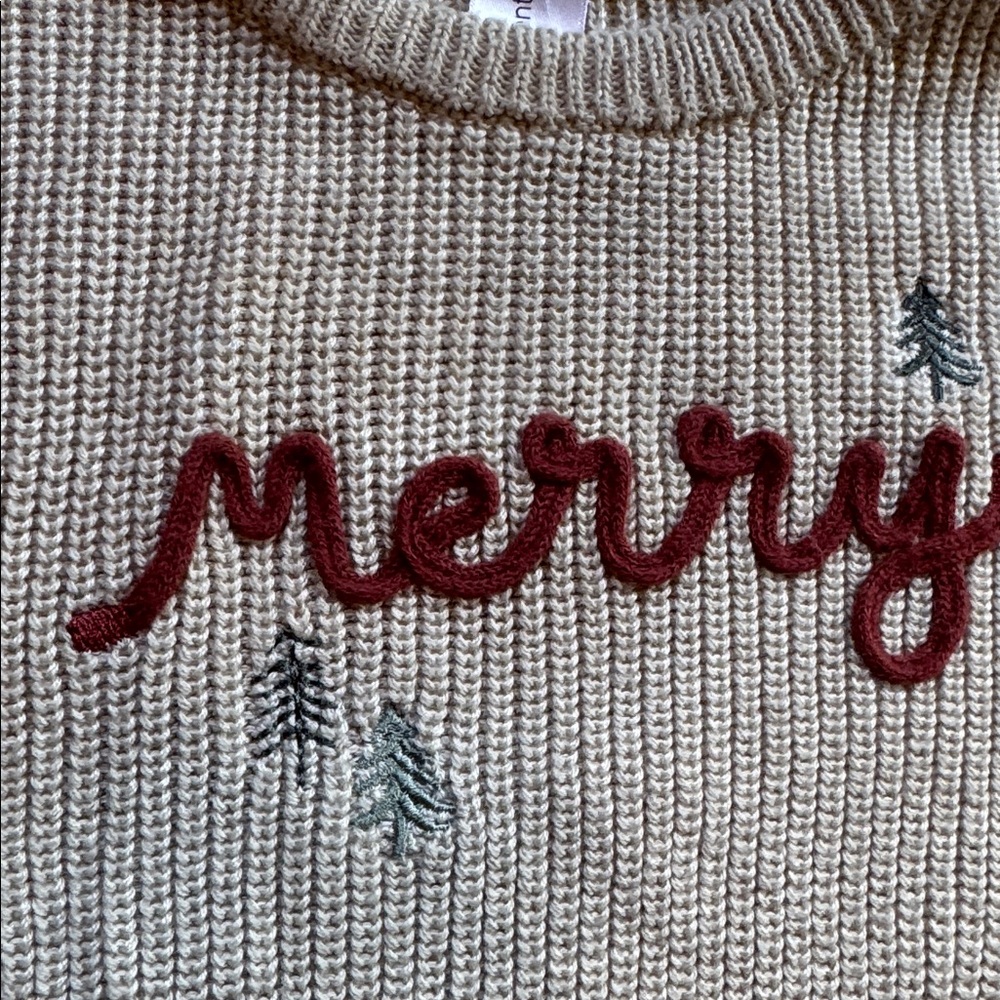 Baby Beige Christmas Sweater featuring Merry details with Pine Trees 6-9M - Picture 3 of 4